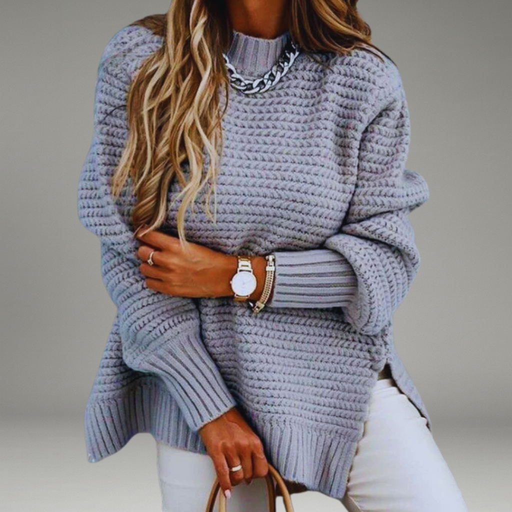 Women’s Knit Sweater with High Neck and Ribbed Cuffs