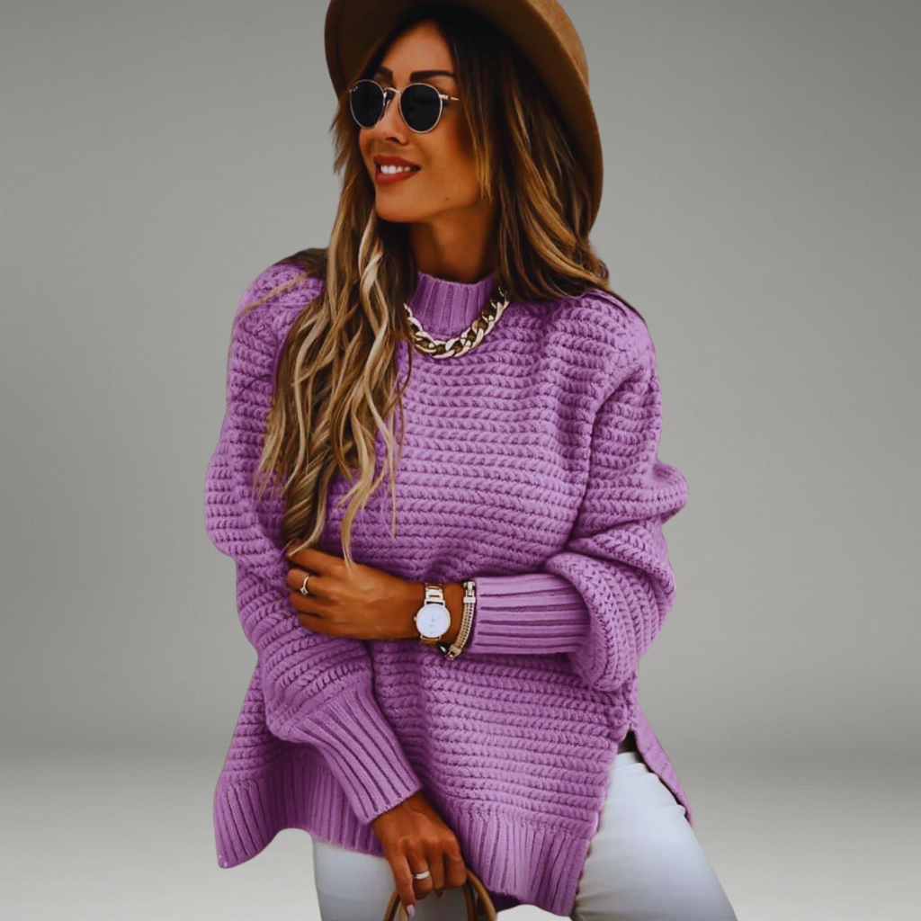 Women’s Knit Sweater with High Neck and Ribbed Cuffs