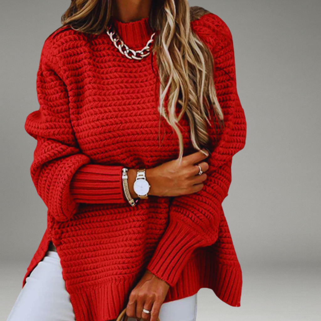 Women’s Knit Sweater with High Neck and Ribbed Cuffs