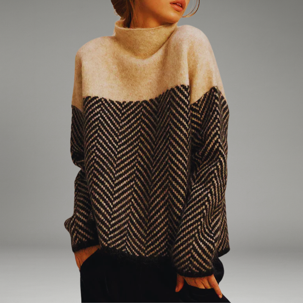 Women’s Knit Sweater with Stand-Up Collar and Herringbone Pattern
