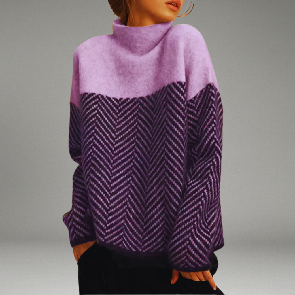 Women’s Knit Sweater with Stand-Up Collar and Herringbone Pattern