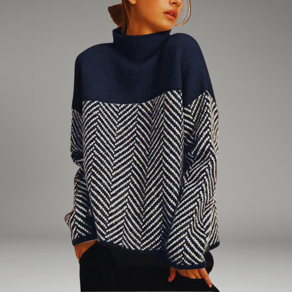 Women’s Knit Sweater with Stand-Up Collar and Herringbone Pattern