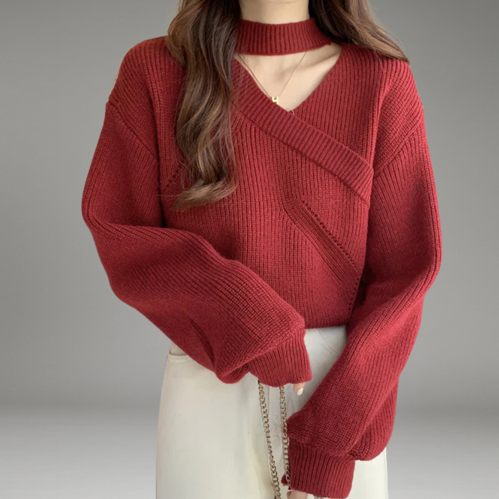 Women’s Knit Sweater with V-Neck and Choker Collar