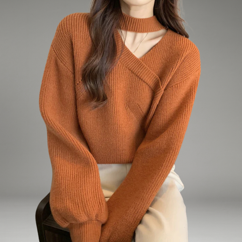 Women’s Knit Sweater with V-Neck and Choker Collar