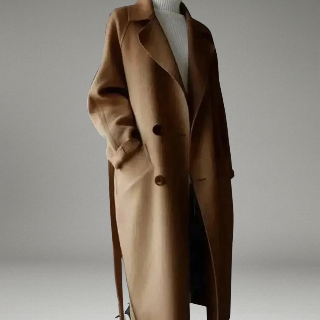 Women’s Long Coat with Notched Lapel Collar and Front Button Closure