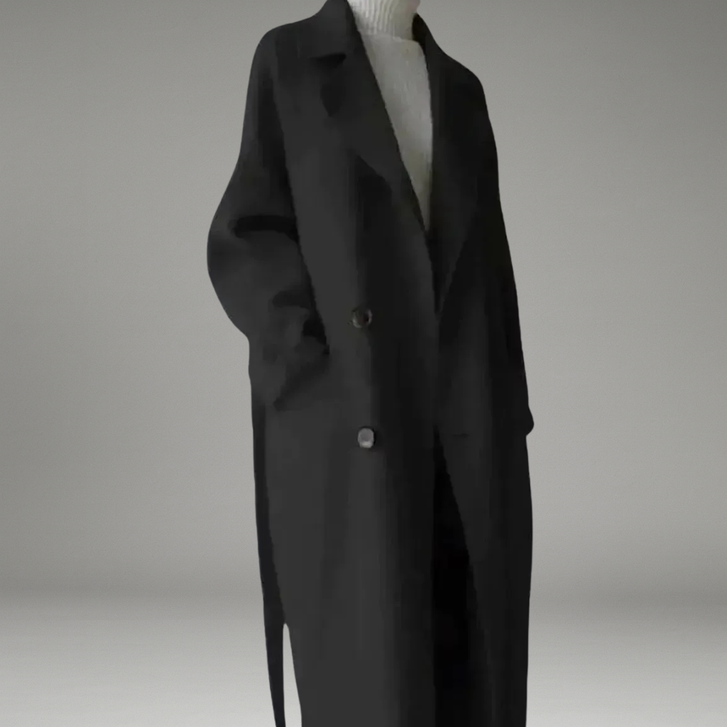Women’s Long Coat with Notched Lapel Collar and Front Button Closure