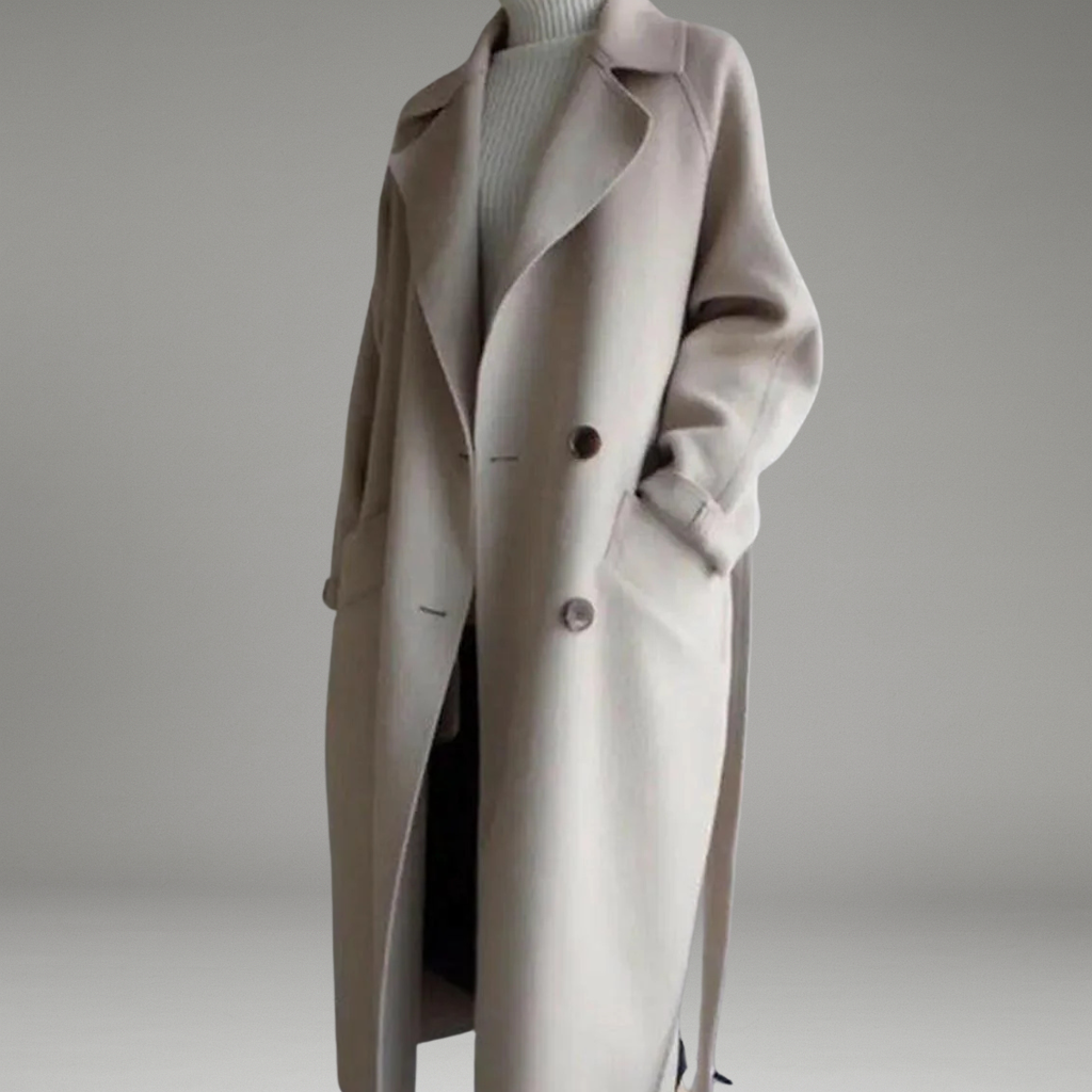 Women’s Long Coat with Notched Lapel Collar and Front Button Closure