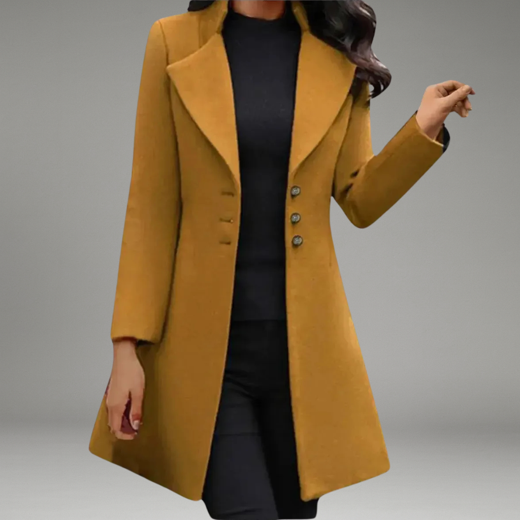 Women’s Long Sleeve Coat with Notch Collar and Button Closure