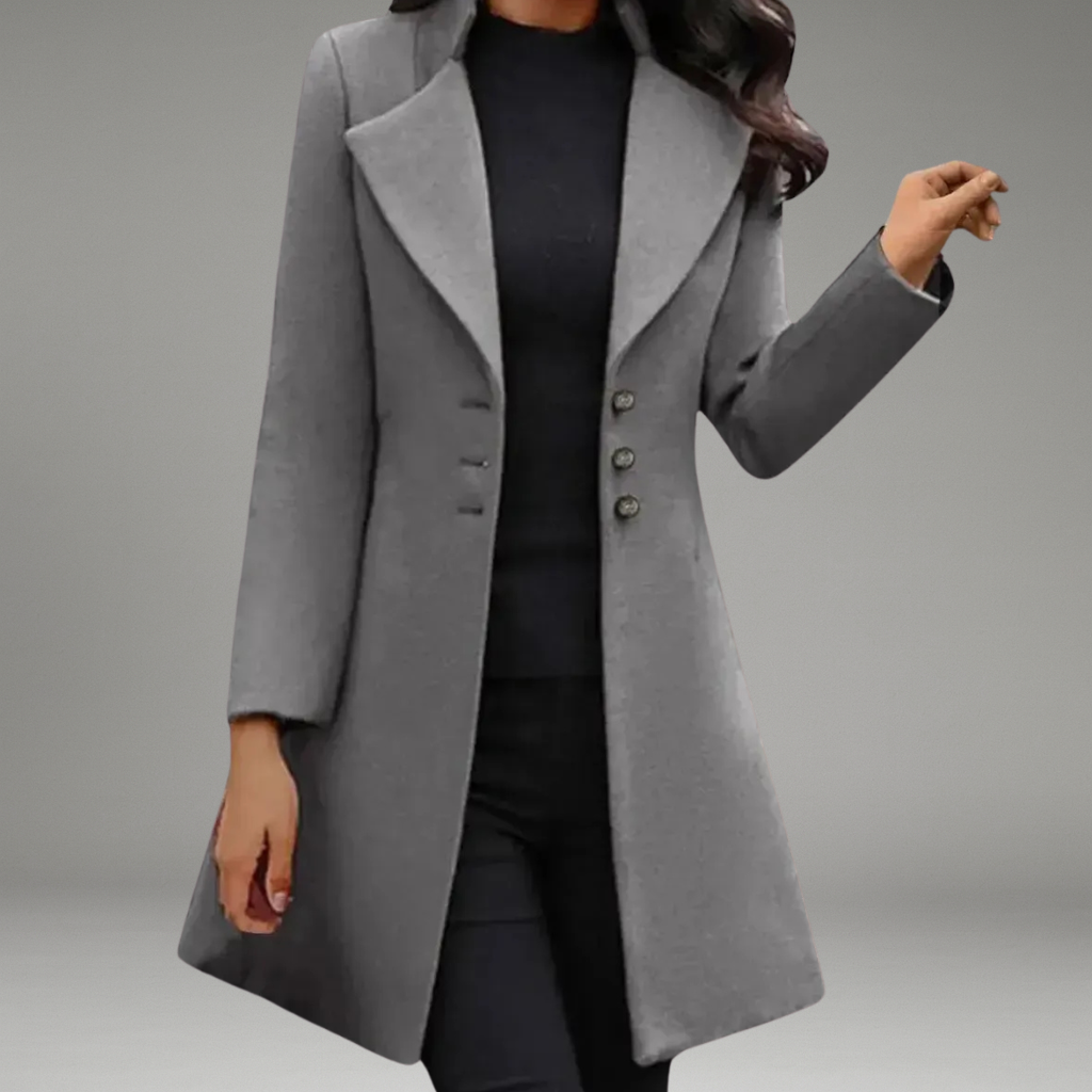 Women’s Long Sleeve Coat with Notch Collar and Button Closure