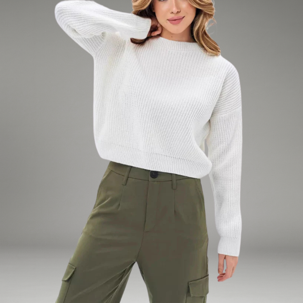 Women’s Knit Sweater with Round Neckline and Ribbed Hem
