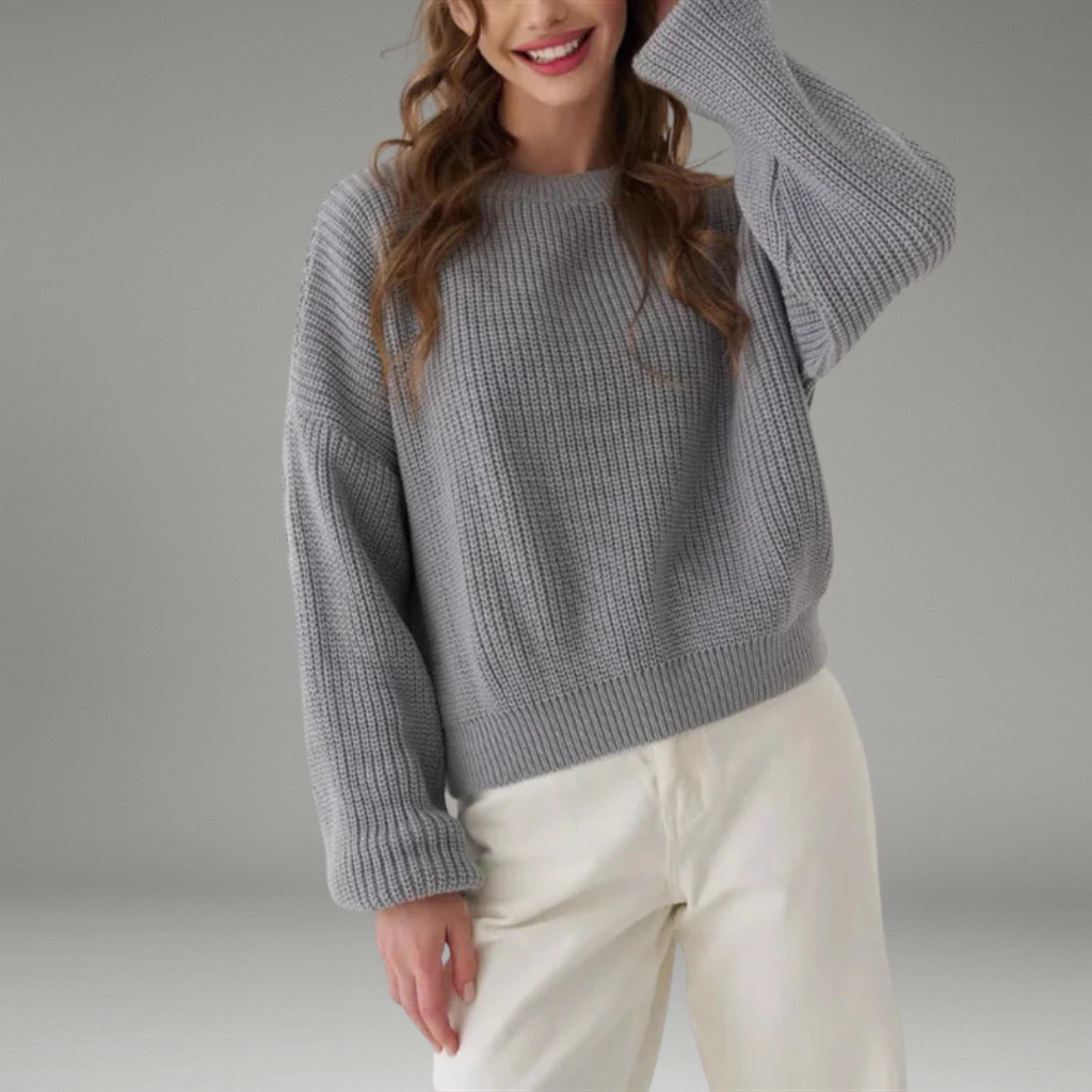 Women’s Knit Sweater with Round Neckline and Ribbed Hem