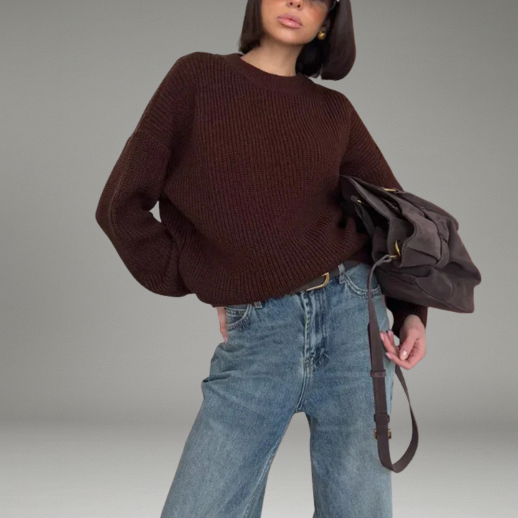 Women’s Knit Sweater with Round Neckline and Ribbed Hem