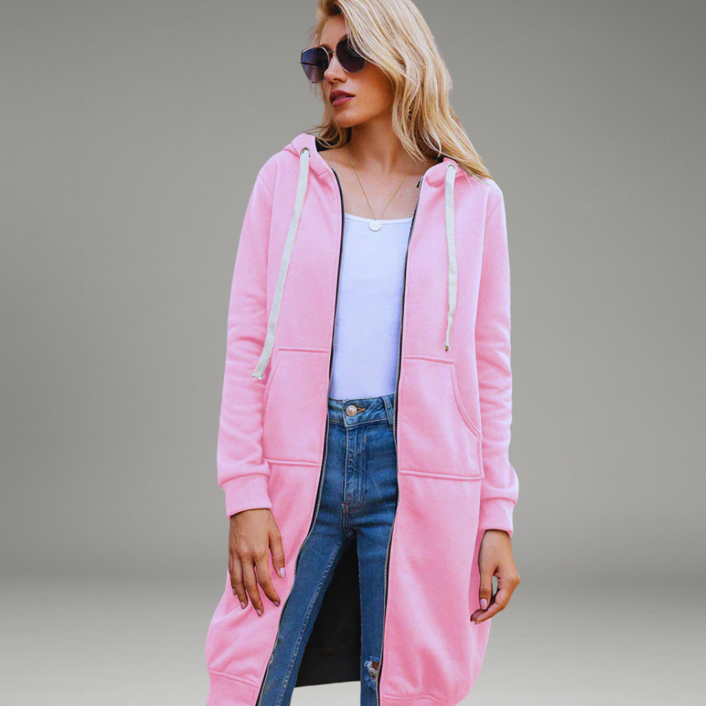 Women’s Longline Hoodie with Full Zipper and Front Patch Pockets