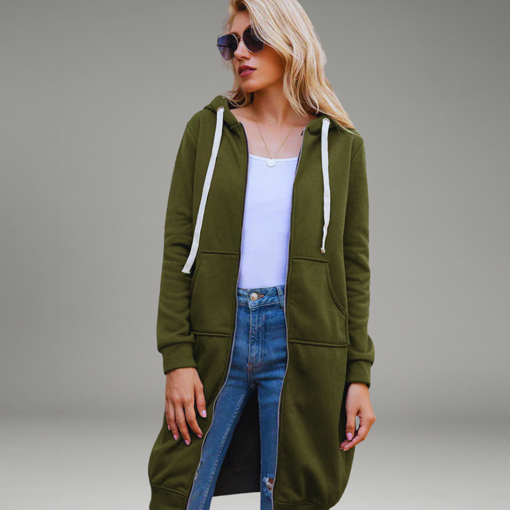 Women’s Longline Hoodie with Full Zipper and Front Patch Pockets