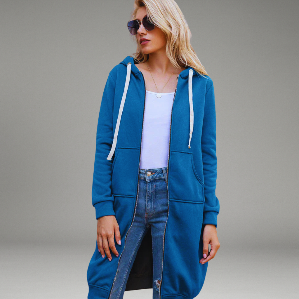 Women’s Longline Hoodie with Full Zipper and Front Patch Pockets