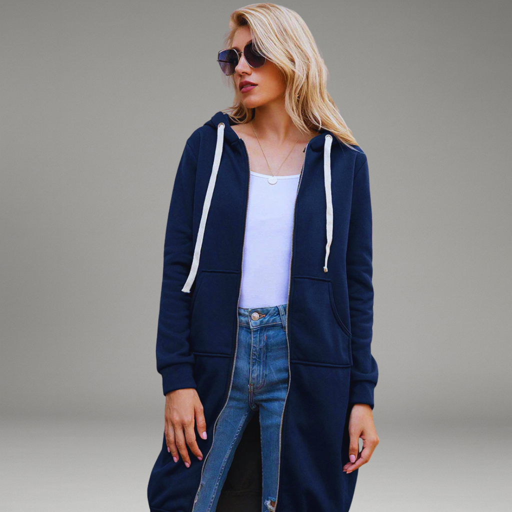 Women’s Longline Hoodie with Full Zipper and Front Patch Pockets