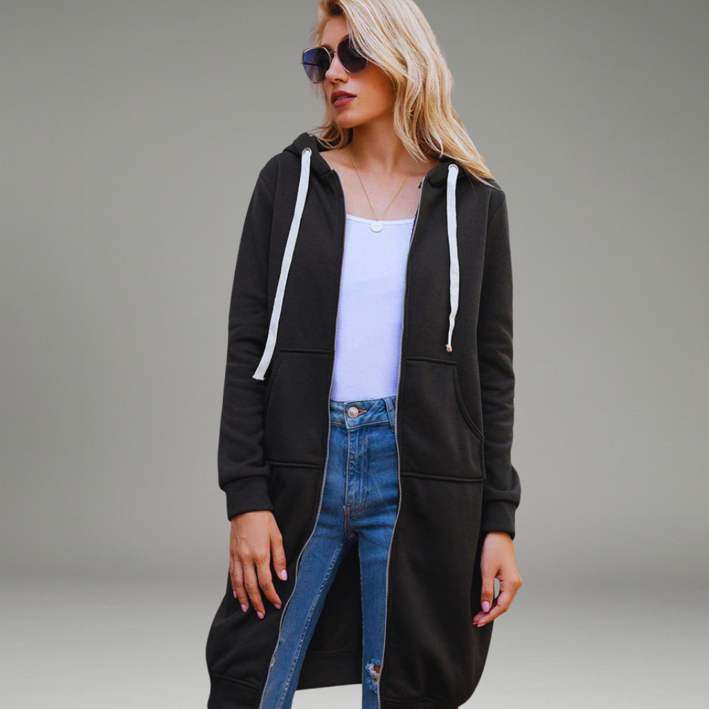 Women’s Longline Hoodie with Full Zipper and Front Patch Pockets