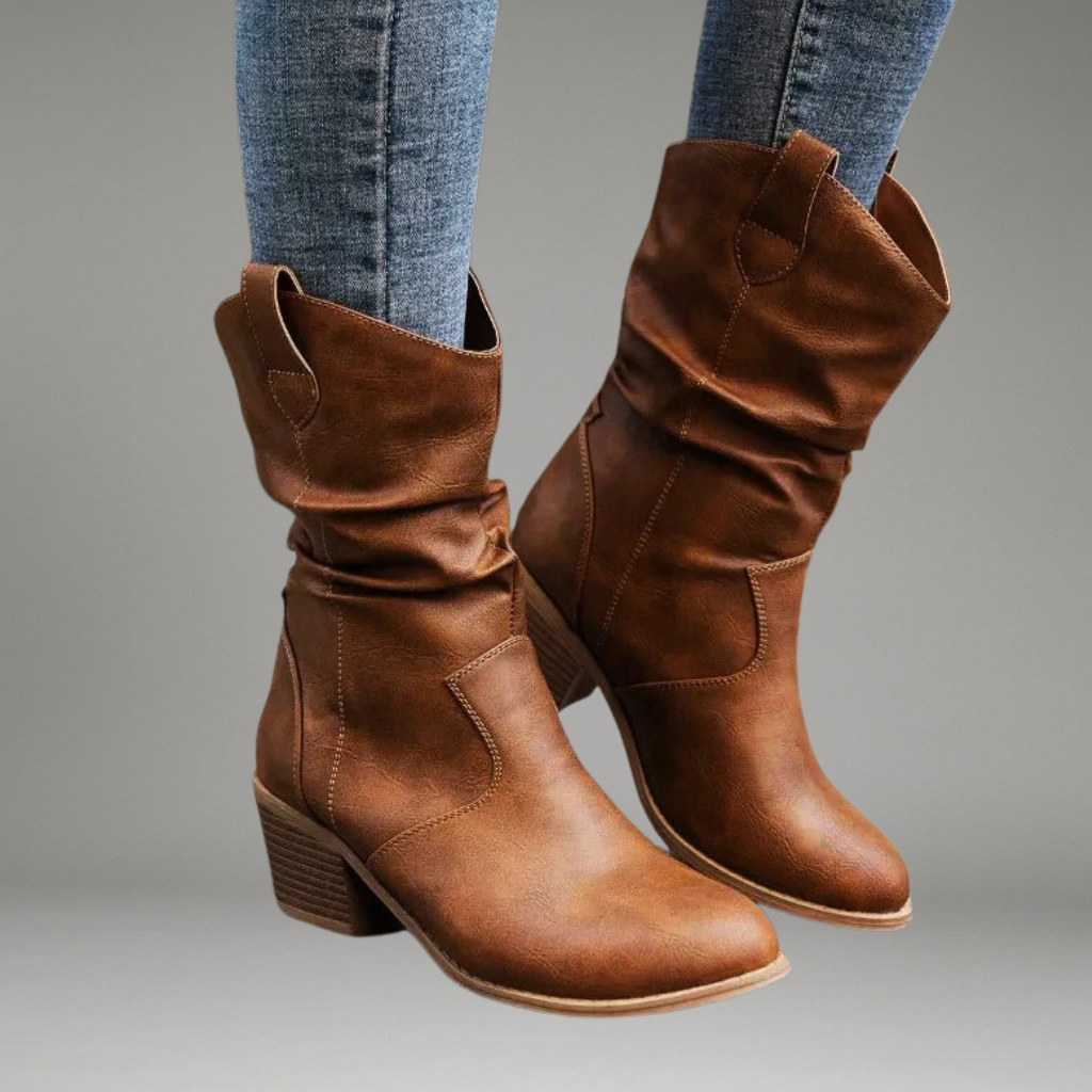 Women’s Mid-Calf Boots with Pull-On Design and Stacked Heel