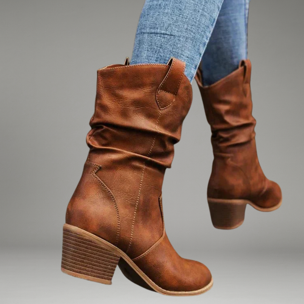 Women’s Mid-Calf Boots with Pull-On Design and Stacked Heel