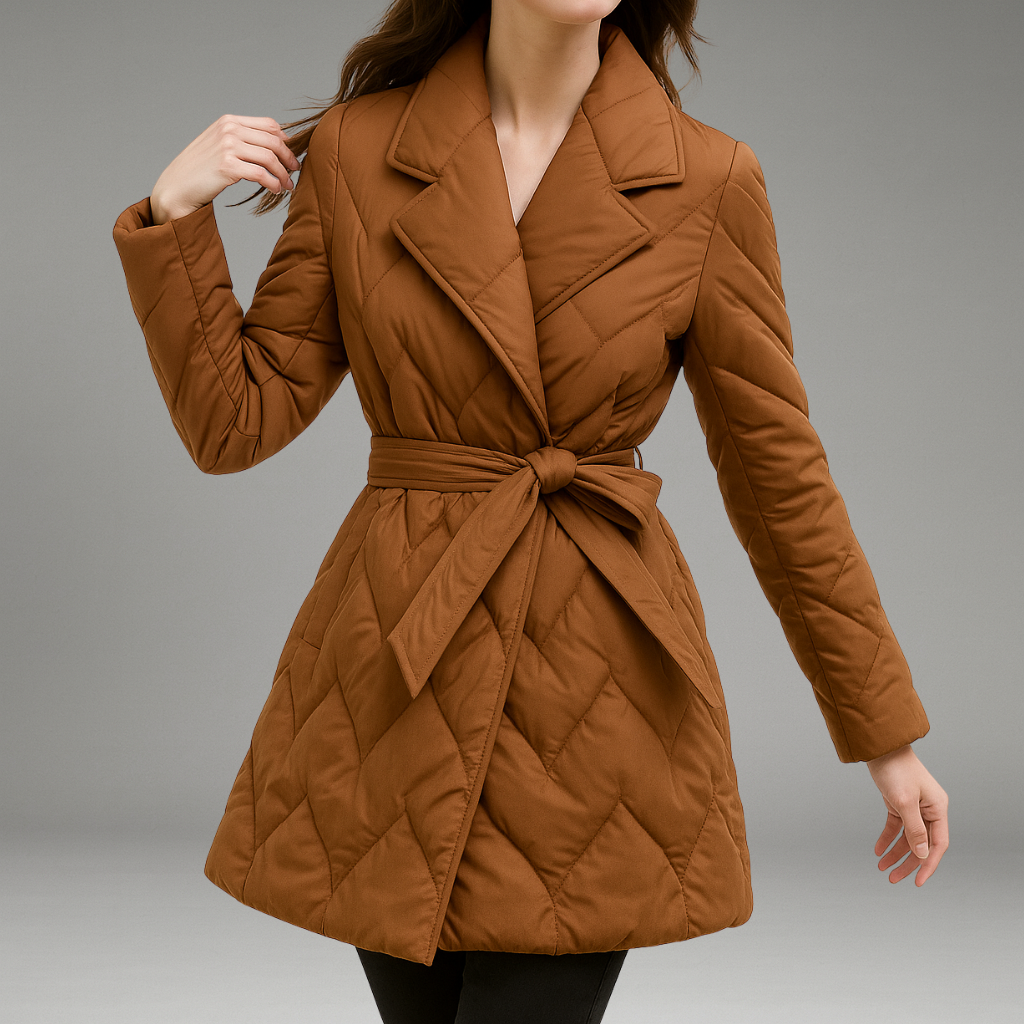 Women’s Quilted Coat with Wrap Tie Closure and Fitted Waist