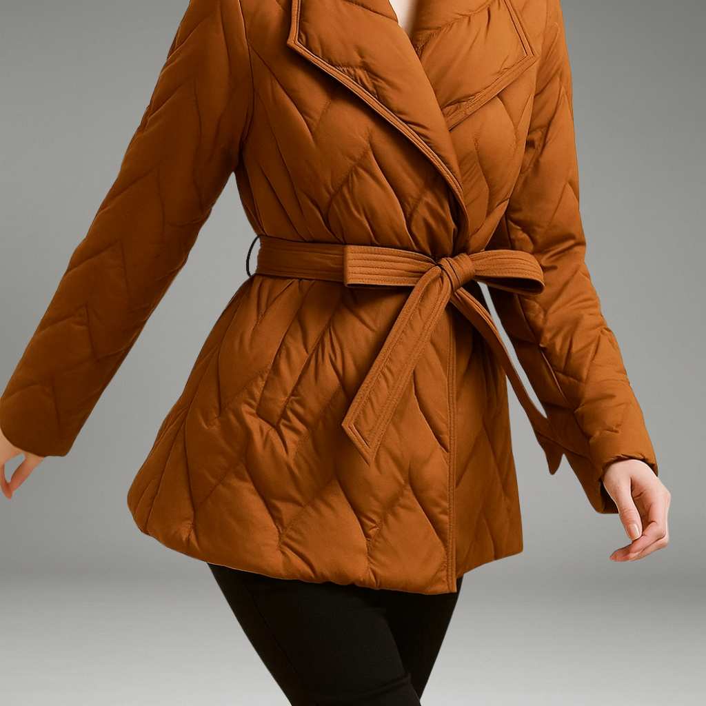 Women’s Quilted Coat with Wrap Tie Closure and Fitted Waist