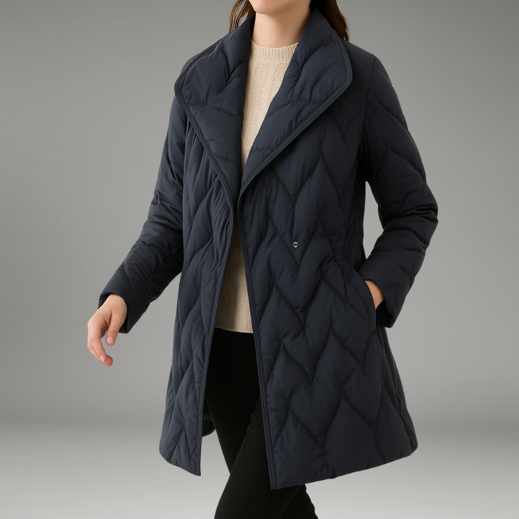 Women’s Quilted Coat with Wrap Tie Closure and Fitted Waist