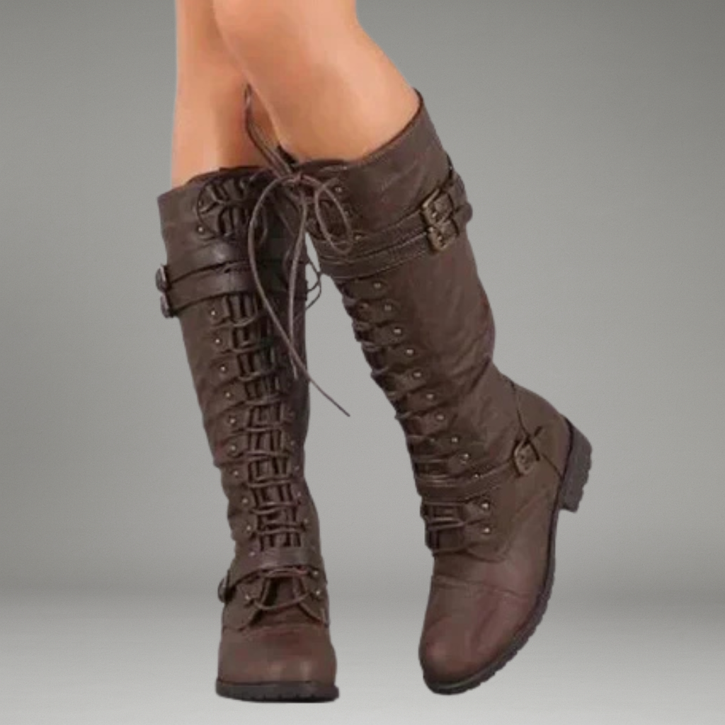 Women’s Lace-Up Boots with Side Zipper and Buckle Detail