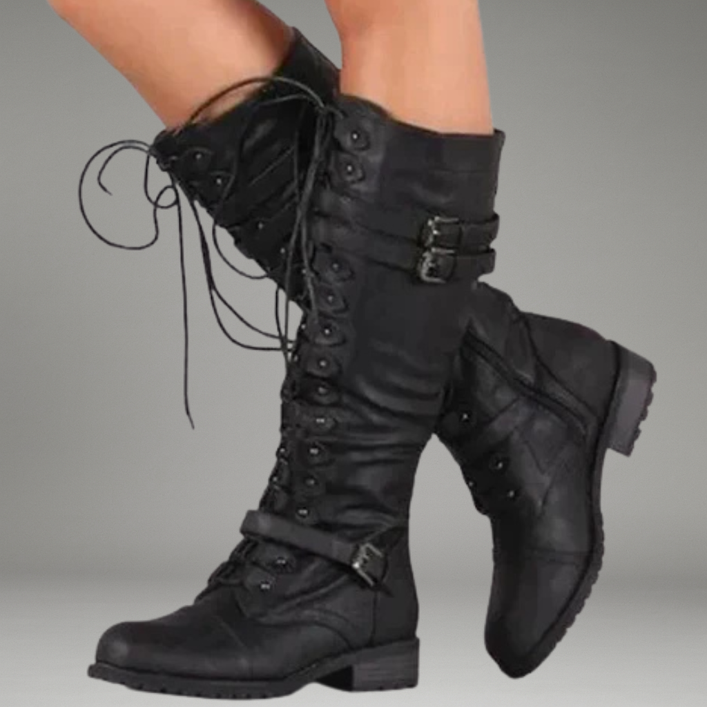 Women’s Lace-Up Boots with Side Zipper and Buckle Detail