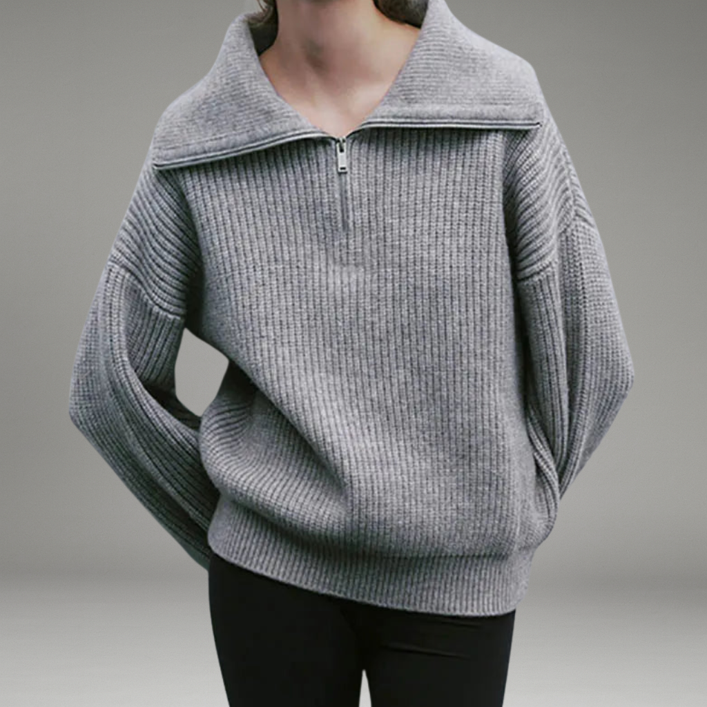 Women’s Ribbed Sweater with Oversized Collar and Chest Zipper