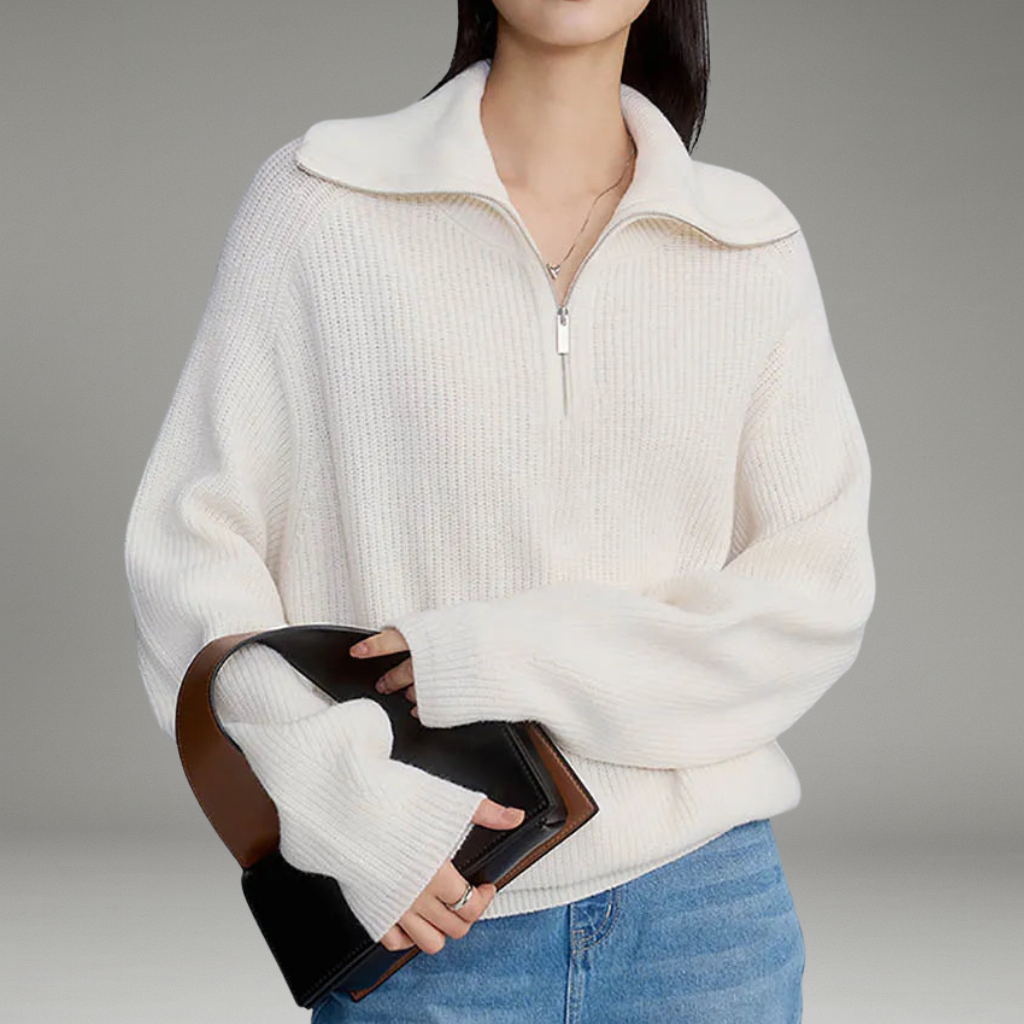Women’s Ribbed Sweater with Oversized Collar and Chest Zipper