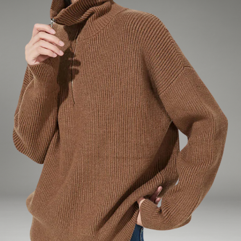 Women’s Ribbed Sweater with Oversized Collar and Chest Zipper