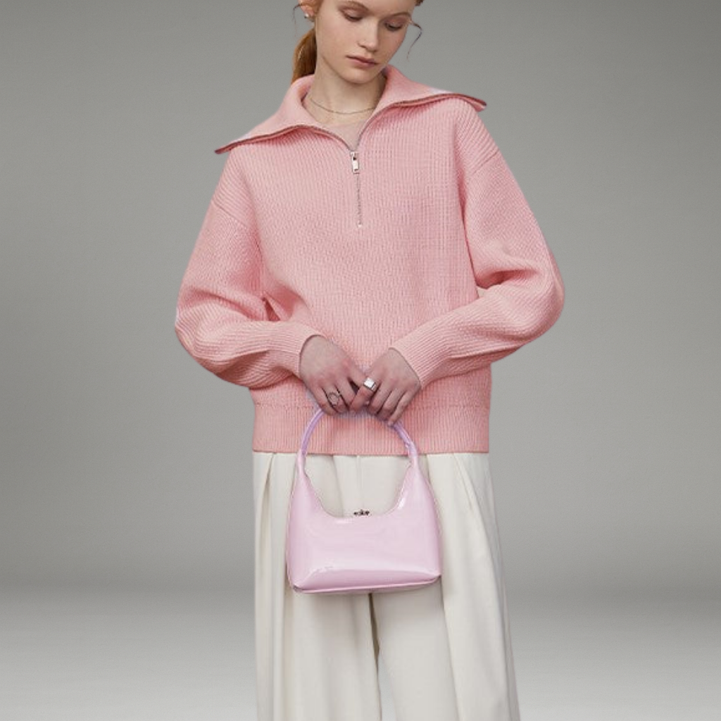 Women’s Ribbed Sweater with Oversized Collar and Chest Zipper