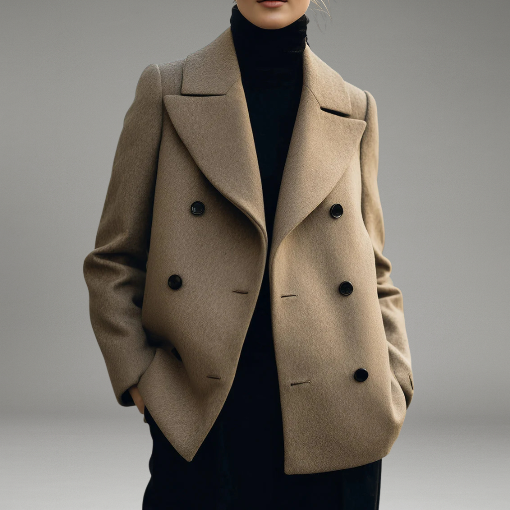 Women’s Short Coat with Double-Breasted Front and Notched Lapel Collar