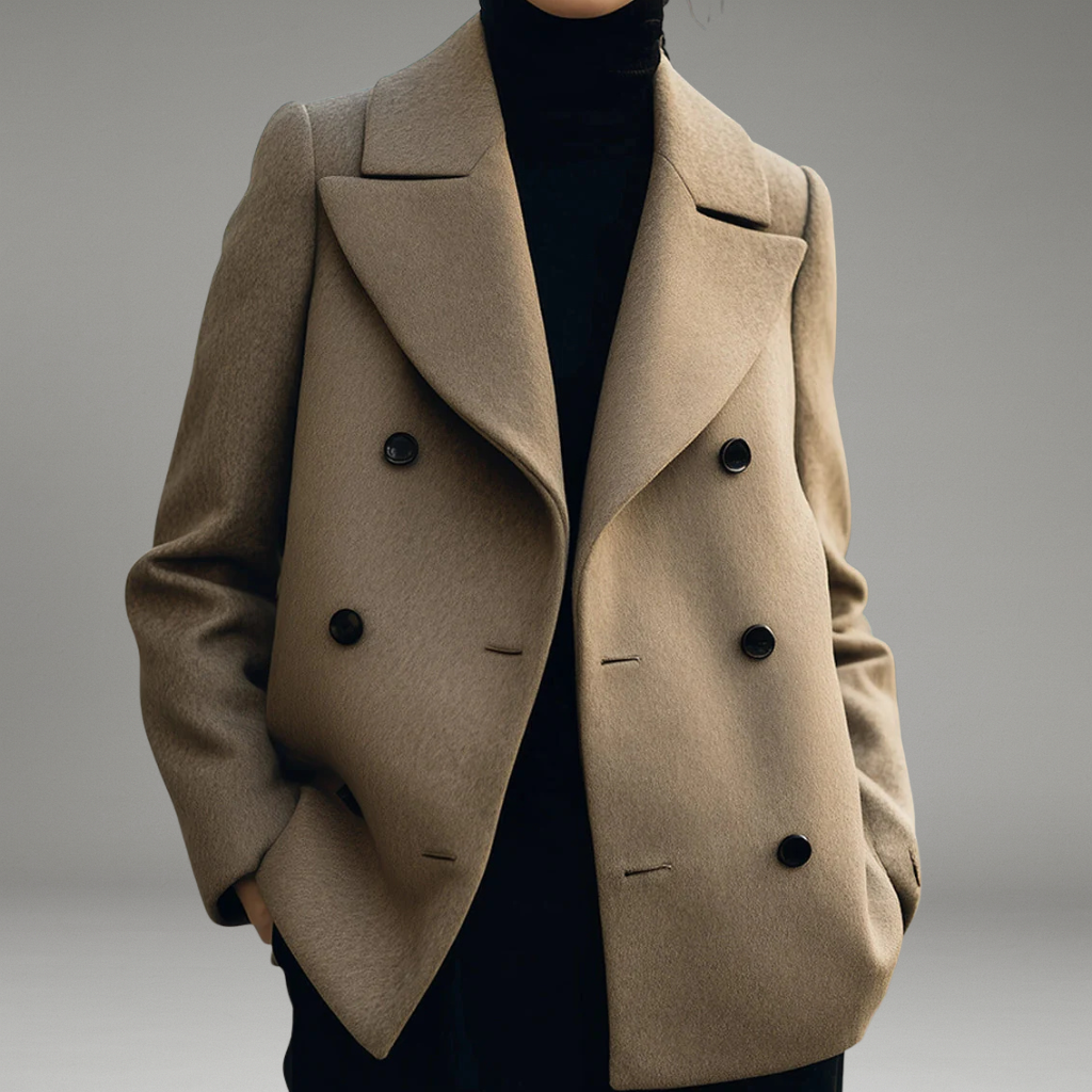 Women’s Short Coat with Double-Breasted Front and Notched Lapel Collar