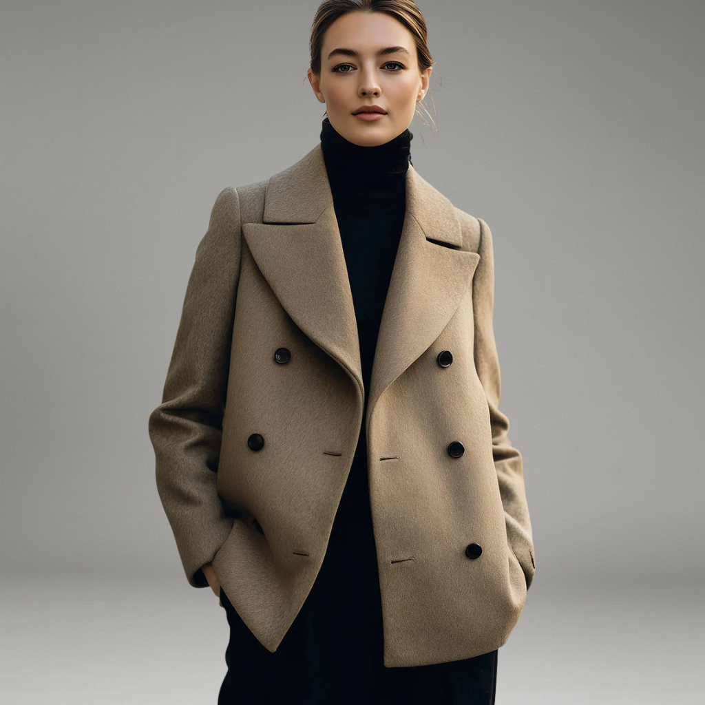 Women’s Short Coat with Double-Breasted Front and Notched Lapel Collar