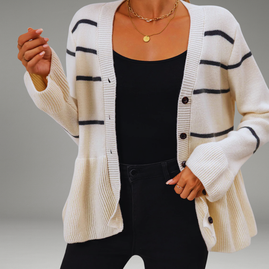 Women’s Striped Cardigan with Button Closure and Peplum Hem