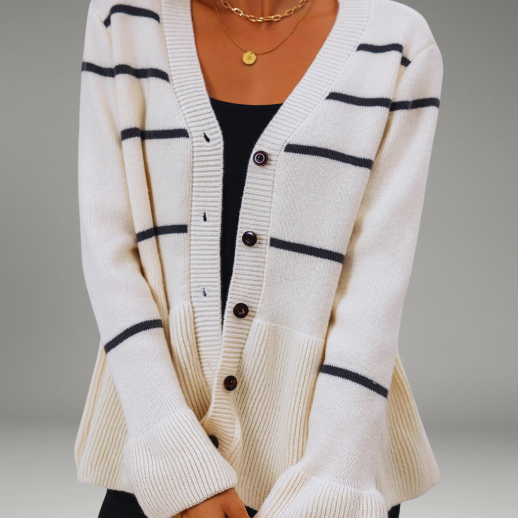Women’s Striped Cardigan with Button Closure and Peplum Hem
