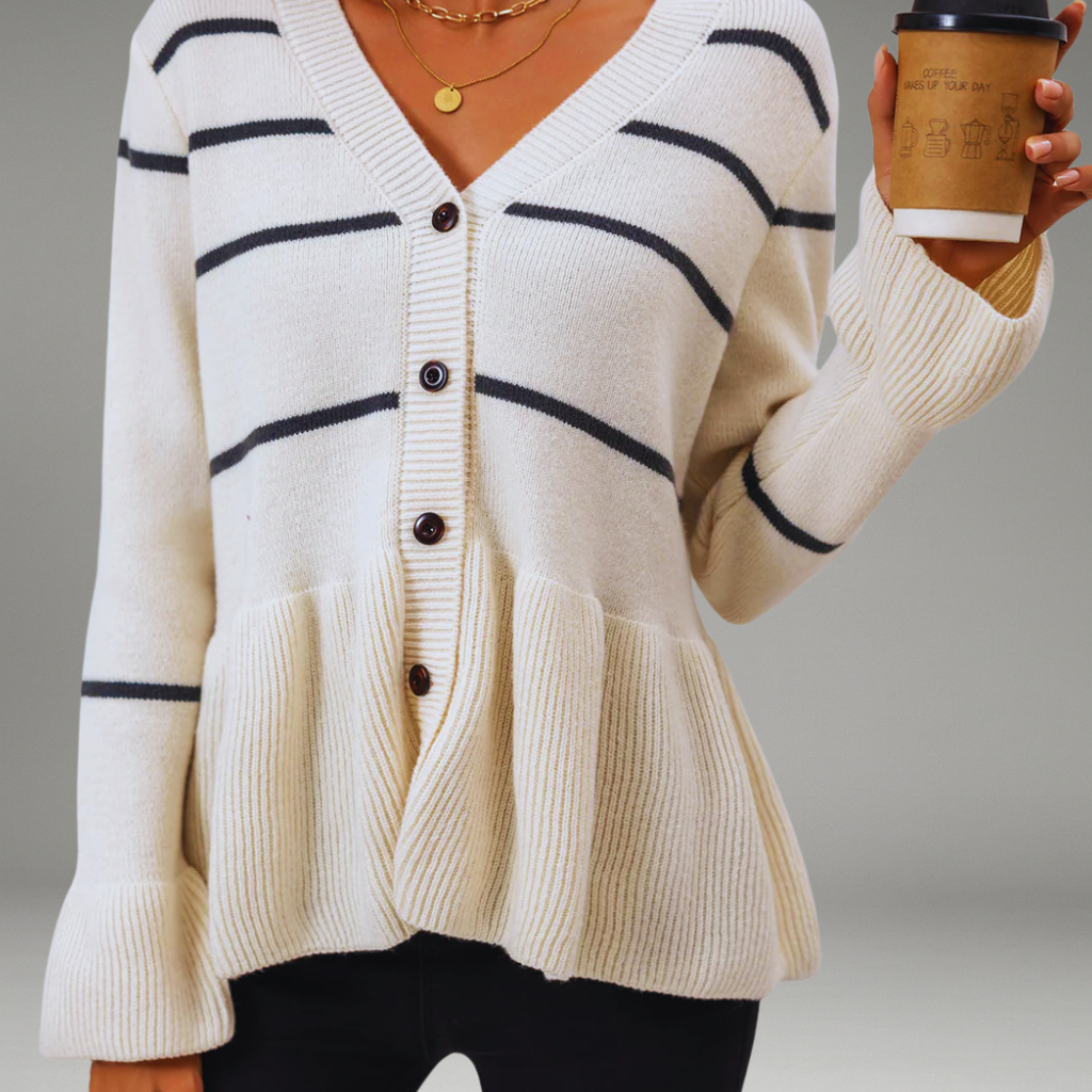 Women’s Striped Cardigan with Button Closure and Peplum Hem