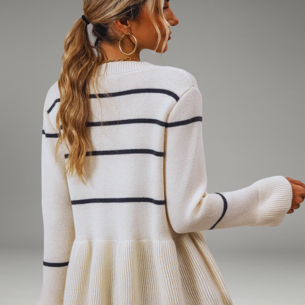 Women’s Striped Cardigan with Button Closure and Peplum Hem