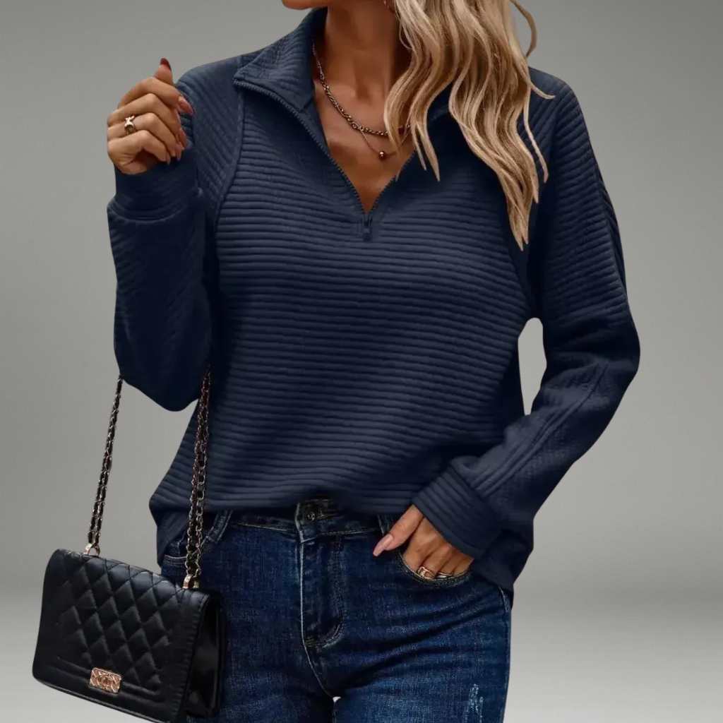 Women’s Sweater with V-Neckline and Front Zip Closure