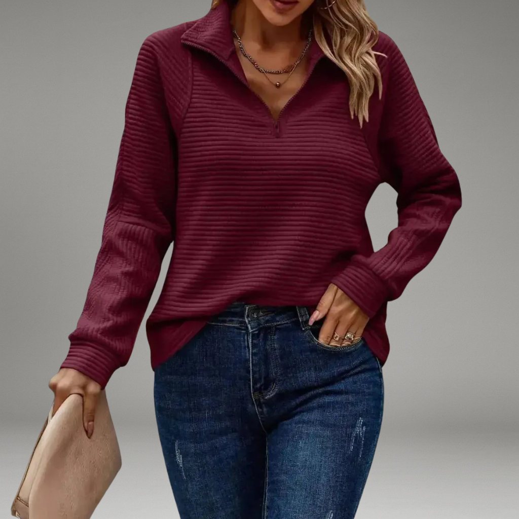 Women’s Sweater with V-Neckline and Front Zip Closure