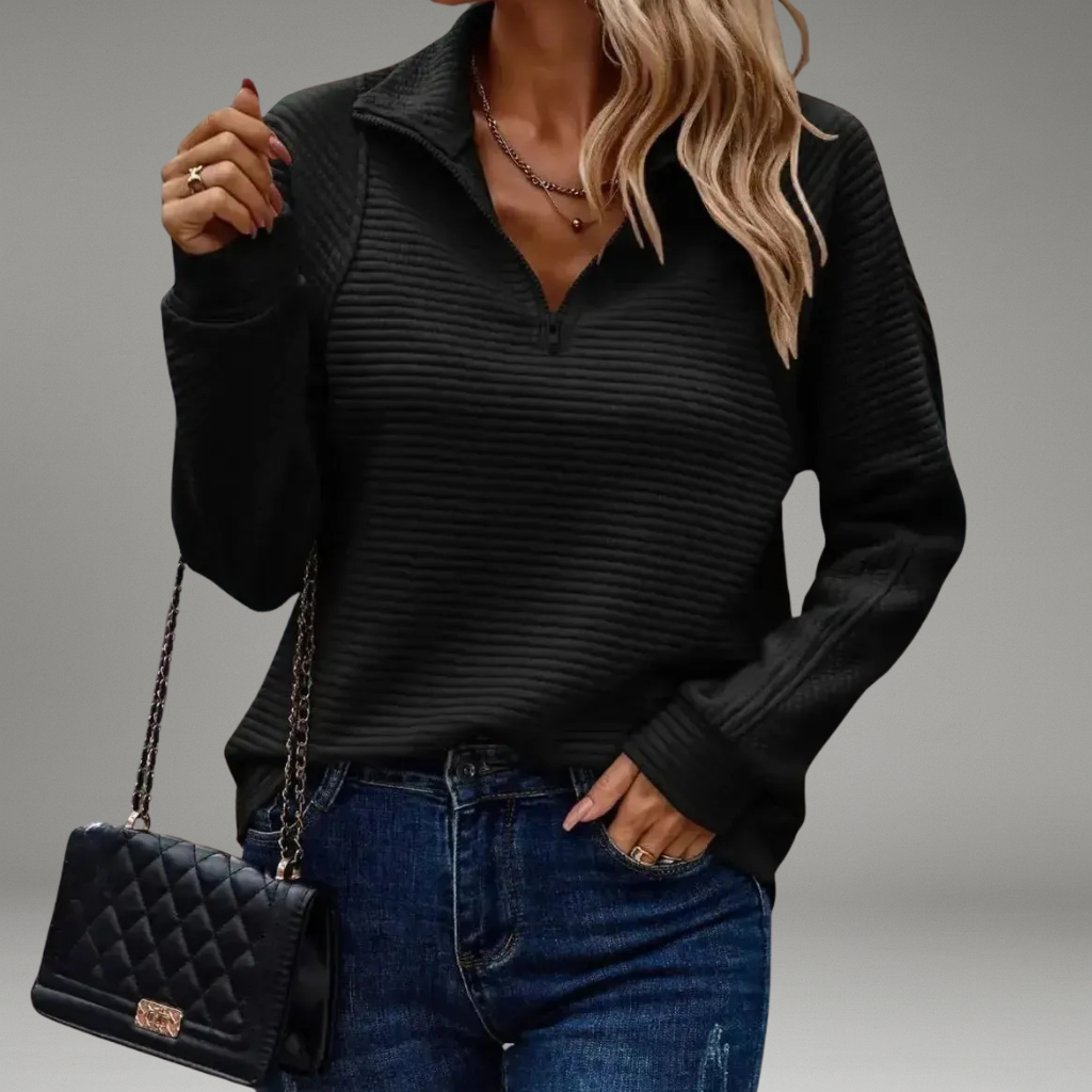 Women’s Sweater with V-Neckline and Front Zip Closure