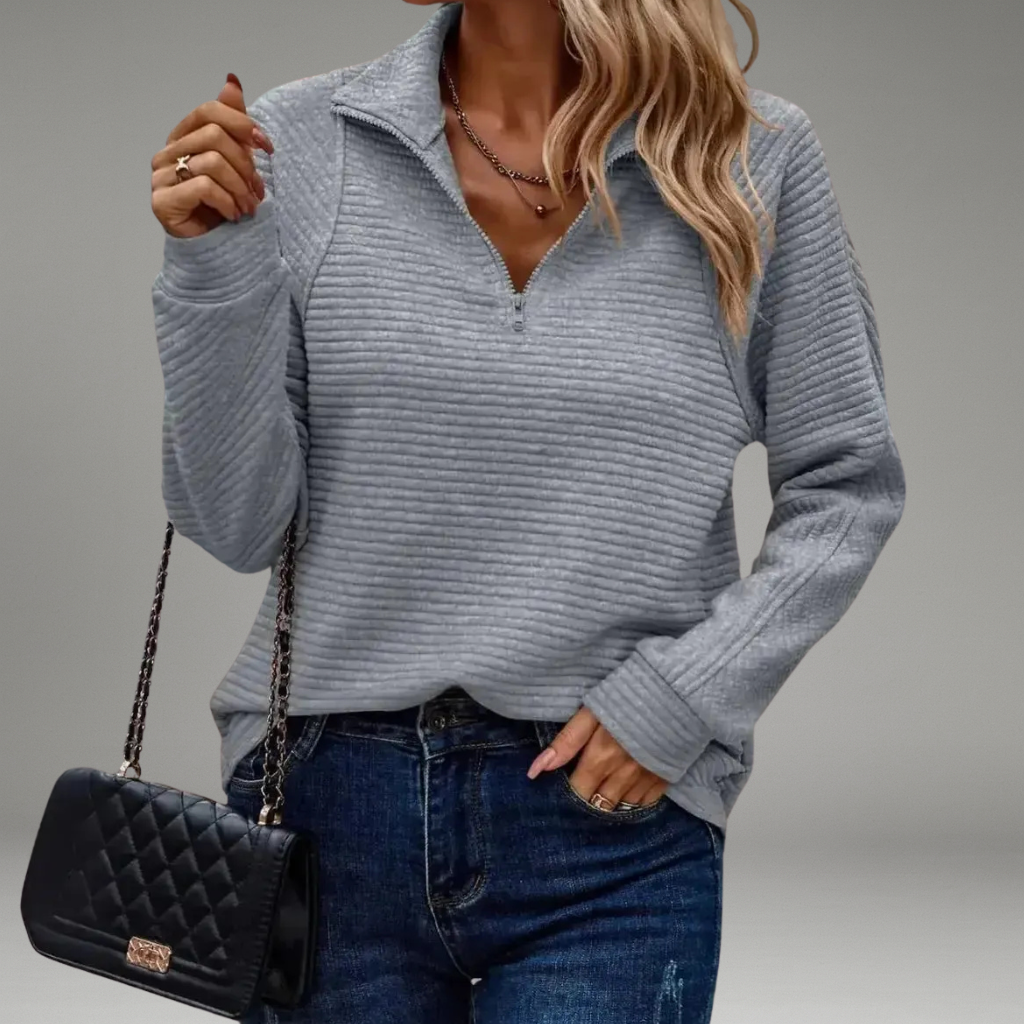 Women’s Sweater with V-Neckline and Front Zip Closure