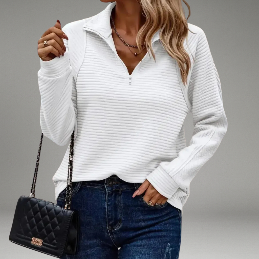 Women’s Sweater with V-Neckline and Front Zip Closure