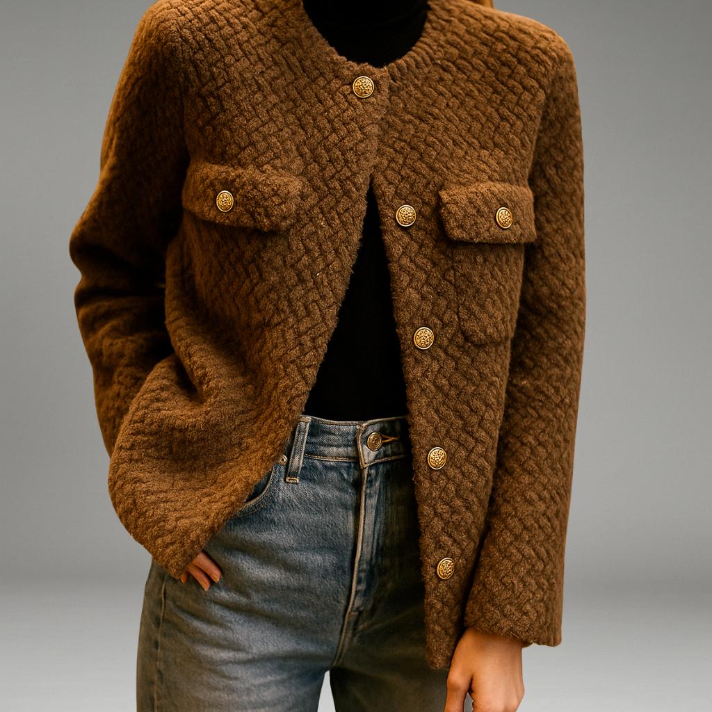 Women’s Textured Coat with Gold Button Closure and Front Pockets