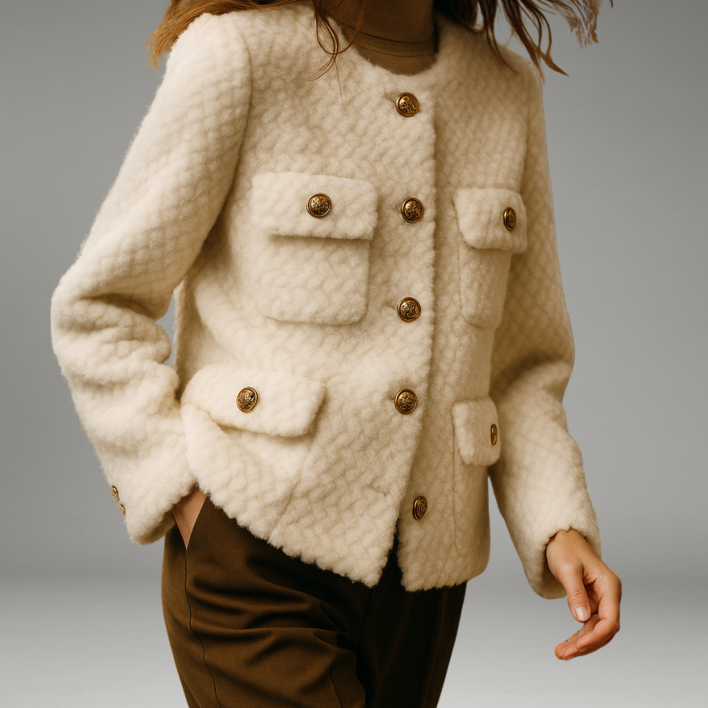 Women’s Textured Coat with Gold Button Closure and Front Pockets