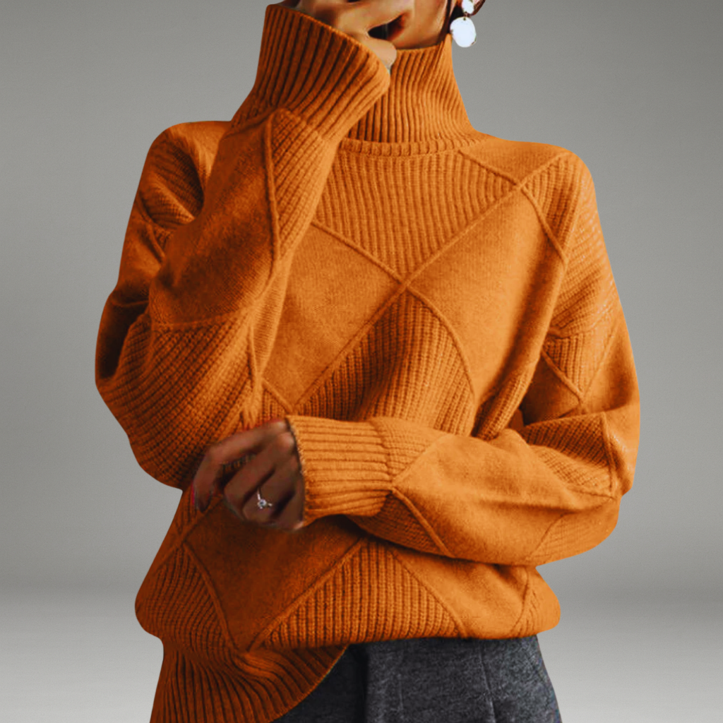 Women’s Turtleneck Sweater with Ribbed Cuffs and Diamond Knit Pattern