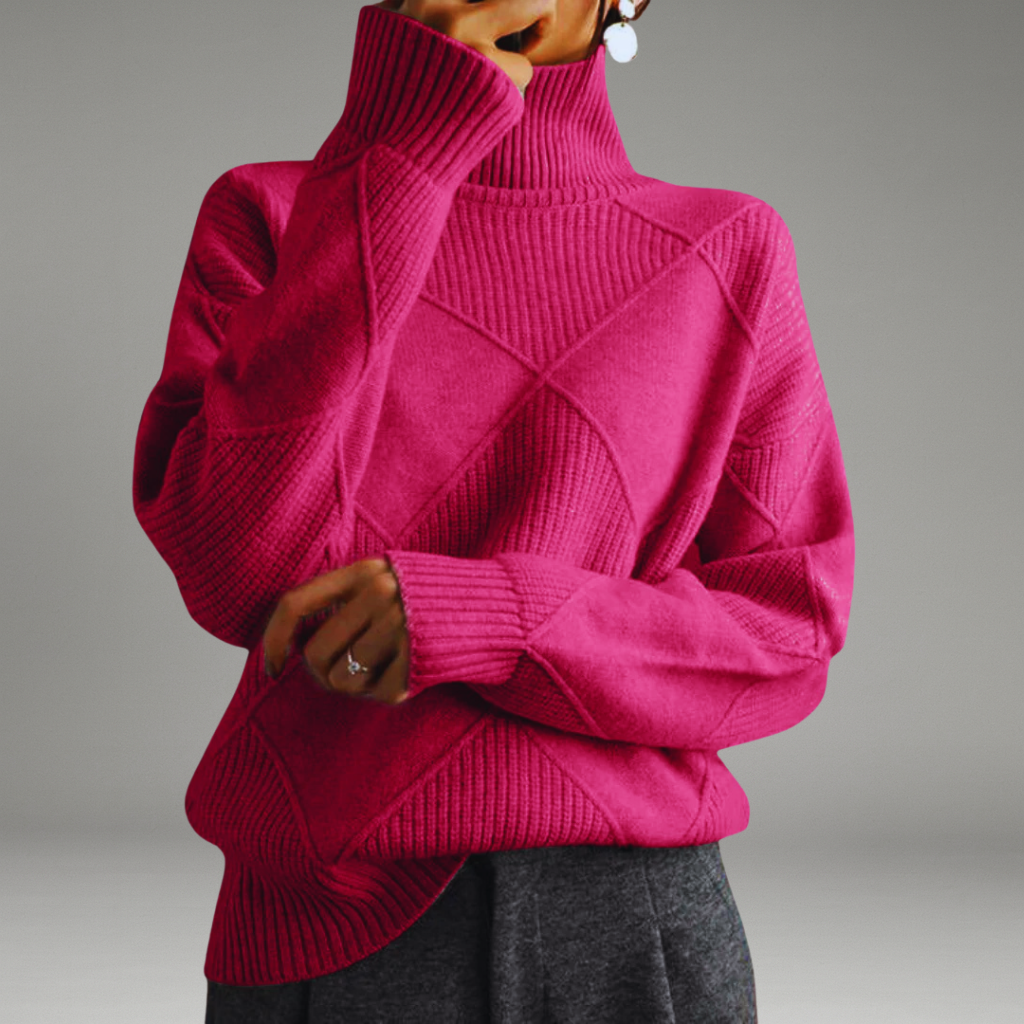 Women’s Turtleneck Sweater with Ribbed Cuffs and Diamond Knit Pattern