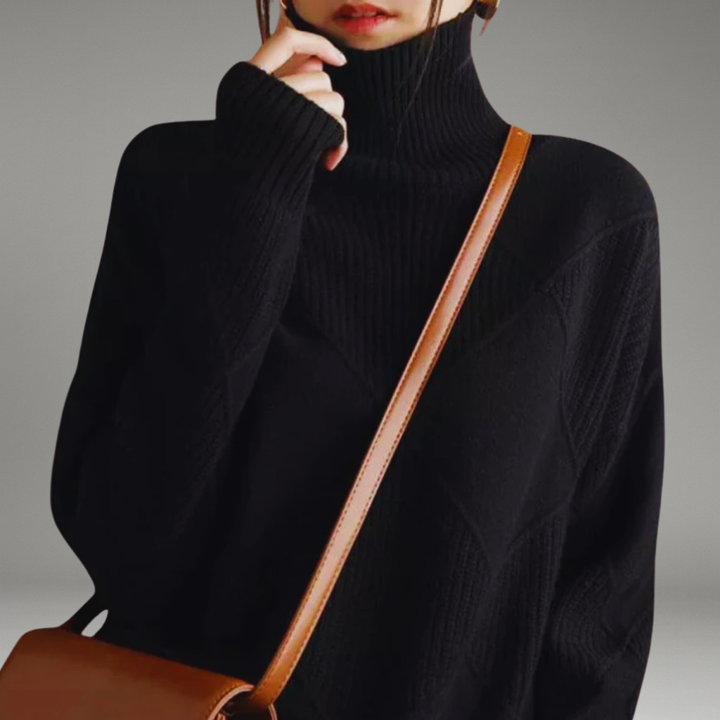 Women’s Turtleneck Sweater with Ribbed Cuffs and Diamond Knit Pattern