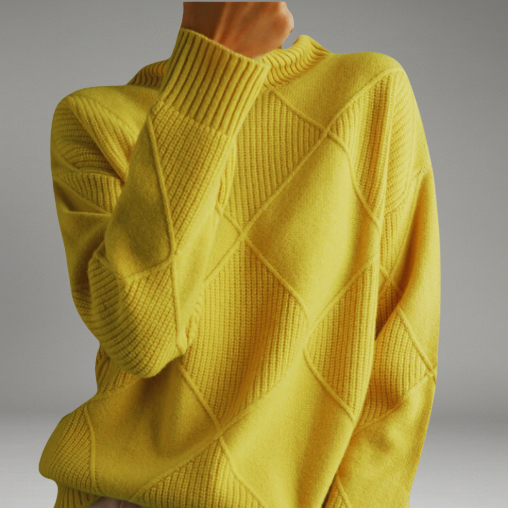 Women’s Turtleneck Sweater with Ribbed Cuffs and Diamond Knit Pattern